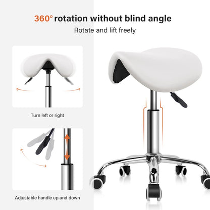 KKTONER Rolling Saddle Stool PU Leather Swivel Adjustable Rolling Stool with Wheels Salon Chair (White)