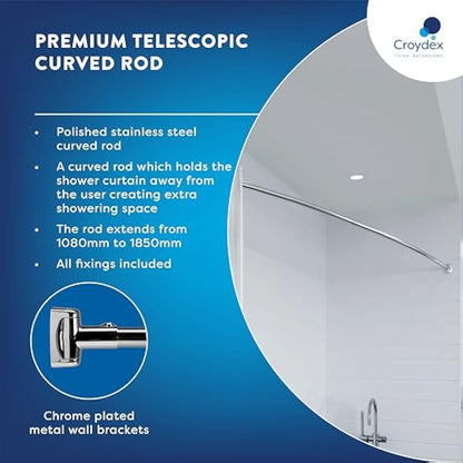 Croydex Stainless Steel Premium Extendable Telescopic Curved Rod, 1080 - 1850mm, Silver