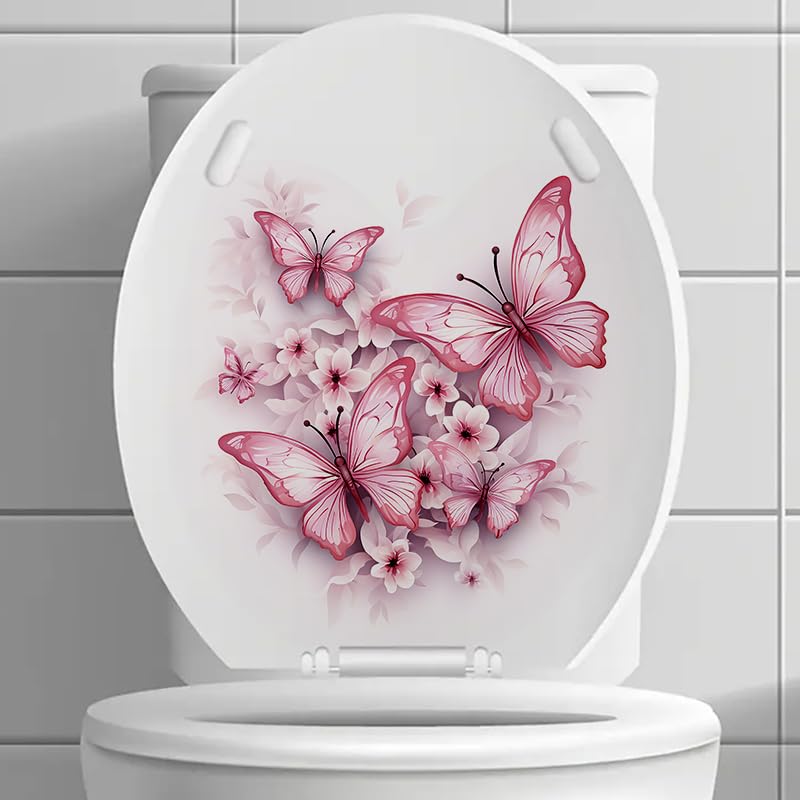 Pink Butterfly Flower Toilet Cover Sticker Decals,Fish Bird Flower Leaf Waterproof Toilet Lid Tank Seat Decals Cistern Self-Adhesive Bathroom Wall
