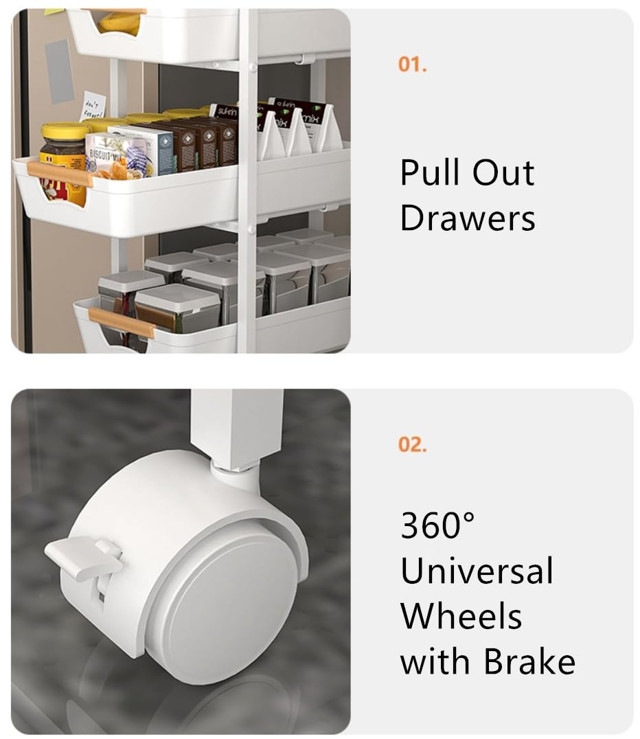 CarolynDesign 5-Tier Metal Frame Organizer Utility Cart with Wooden Top, Multi Functional Rolling Wheels Storage with Pull Out Drawers for Kitchen