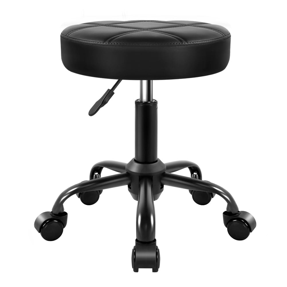 KKTONER Rolling Stool Chair PU Leather Height Adjustable Round Stool with Wheels Chair for Salon Spa Drafting Small (Black)