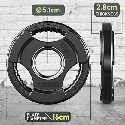 PhysKcal Olympic Weight Plates with Rubber Finish 2’’ Opening and Tri-Grips, Black Barbell Plates Discs for Lifting and Strength Training, Solid Cast Iron Core Weights Set for Barbell, 1.25kg - 20kg