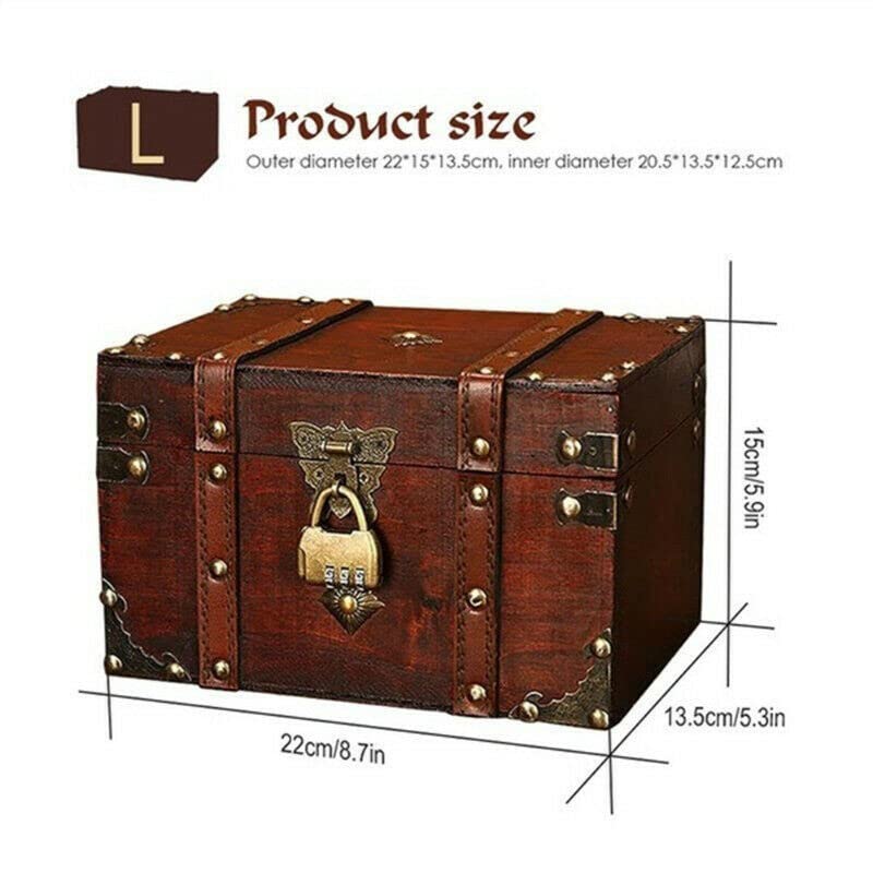 LIKEUDO Retro Jewelry Treasure Chest With Lock Vintage Wooden Trinket Storage Box (L (8.7x5.3x5.9in))