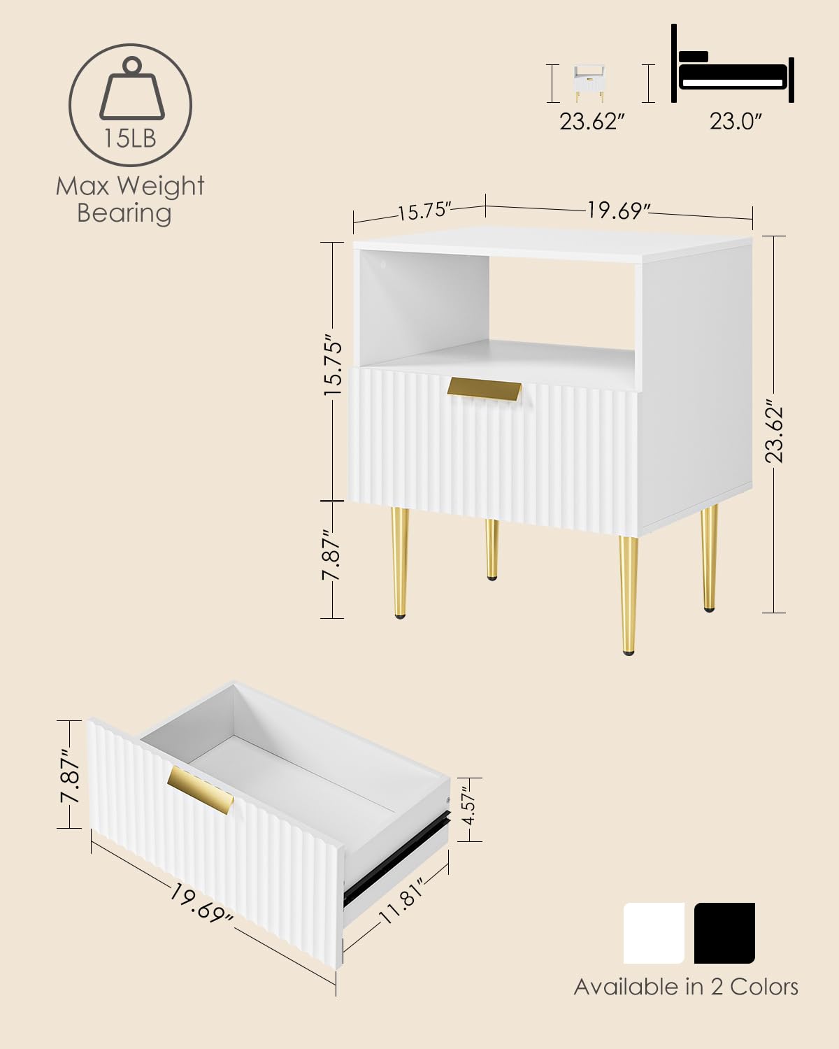 Apetaccat White Bedside Table, Nightstand with 1 Drawers with Gold Leg, Modern Bedside Table Bedroom Furniture for Living Room or Bedroom, White