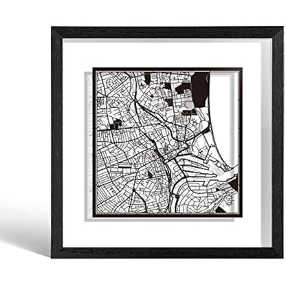 O3 DESIGN STUDIO Aberdeen Paper Cut Map framed, Black map, Black frame, 23x23 cm, Gift Boxed, 2 background color, self-changing, Paper Art