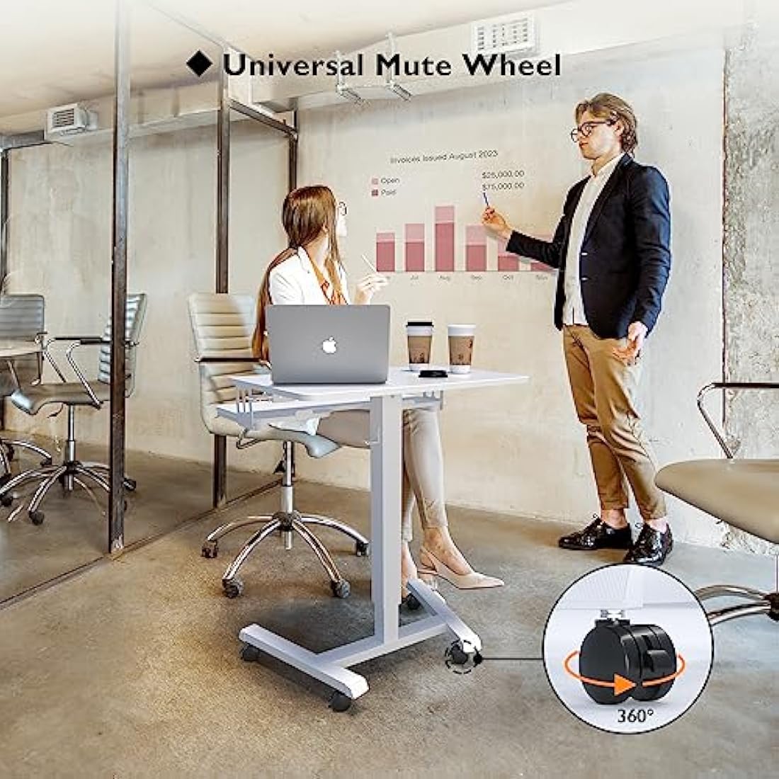 BONTEC 65 × 45cm Two-Tier Mobile Computer Workstation with 4 Rolling Castors, Laptop Stand on Wheels, Height Adjustable Standing Desk, Side Table for Living Room, Bedroom, Medical White