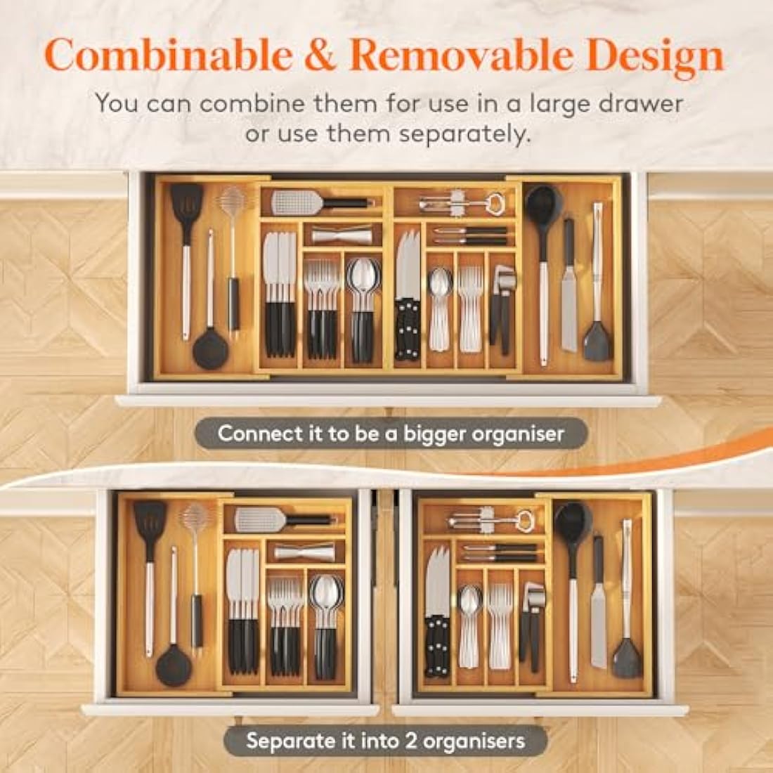 Lifewit Bamboo Extra Large Cutlery Drawer Organiser, Expandable to 36 Inches Cutlery Tray for Kitchen, Adjustable Silverware and Flatware Holder, Plastic Utensil Storage for Spoons Forks Knives