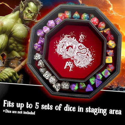 Fantasydice- Fire Dragon - Dice Tray - 20CM Octagon with Lid and Dice Staging Area- Holds 5 Sets of Dice(7 / Standard) For All Tabletop RPGs Like D&D, Call of Cthulhu, Shadowrun. (RED)