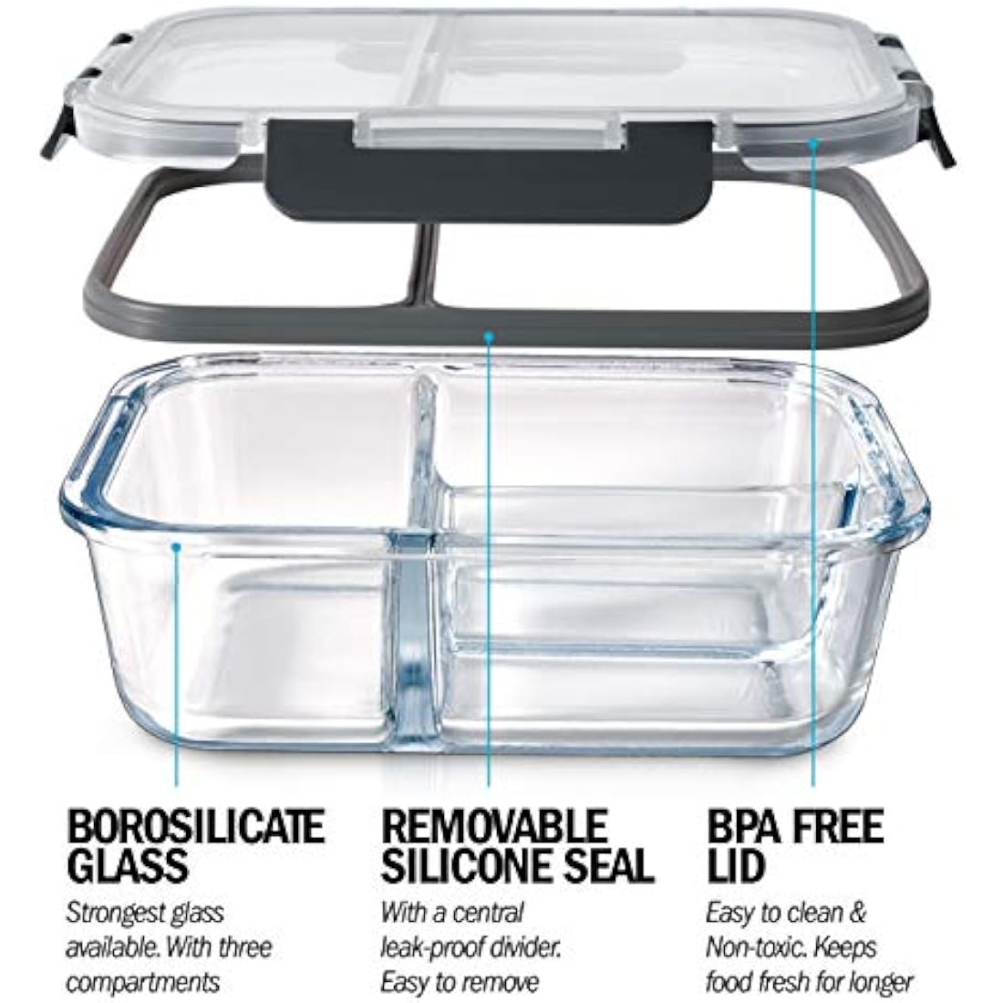 Igluu Meal Prep Glass Containers with Airtight SnapLock Lids 3 Pack 3 Compartment 980ml 33oz BPA-Free Meal Prep Containers Reusable – Borosilicate Glass, Oven Safe