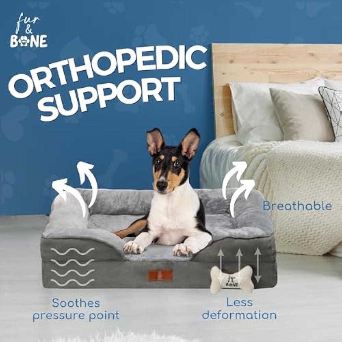 Fur & Bone Large Dog Bed (88 x 64 x 20 cm) – Dog Bed with Soft Cushion, Orthopedic Dog Beds, Removable Plush Velvet Cover, Waterproof Layer, Non-Skid Bottom - Supports Better Sleeping Positions