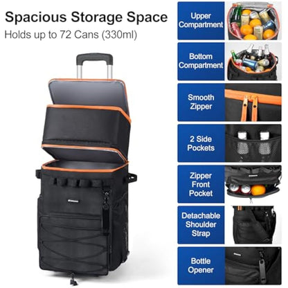 Odoland Cooler Box on Wheels, Leakproof Insulated Soft Rolling Cooler Bag with Stable All Terrain Cart and Handle Collapsible for Camping Beach Fishing Picnic with 6 Ice Cold Pack