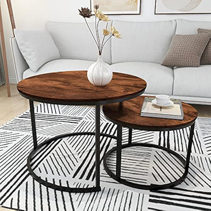 Round Nesting Coffee Table Modern Nesting Side Set of 2 End Table for Living Room,Round Wooden Accent Coffee Table with Solid Powder-Coated Metal Frame, Rustic Brown/Black