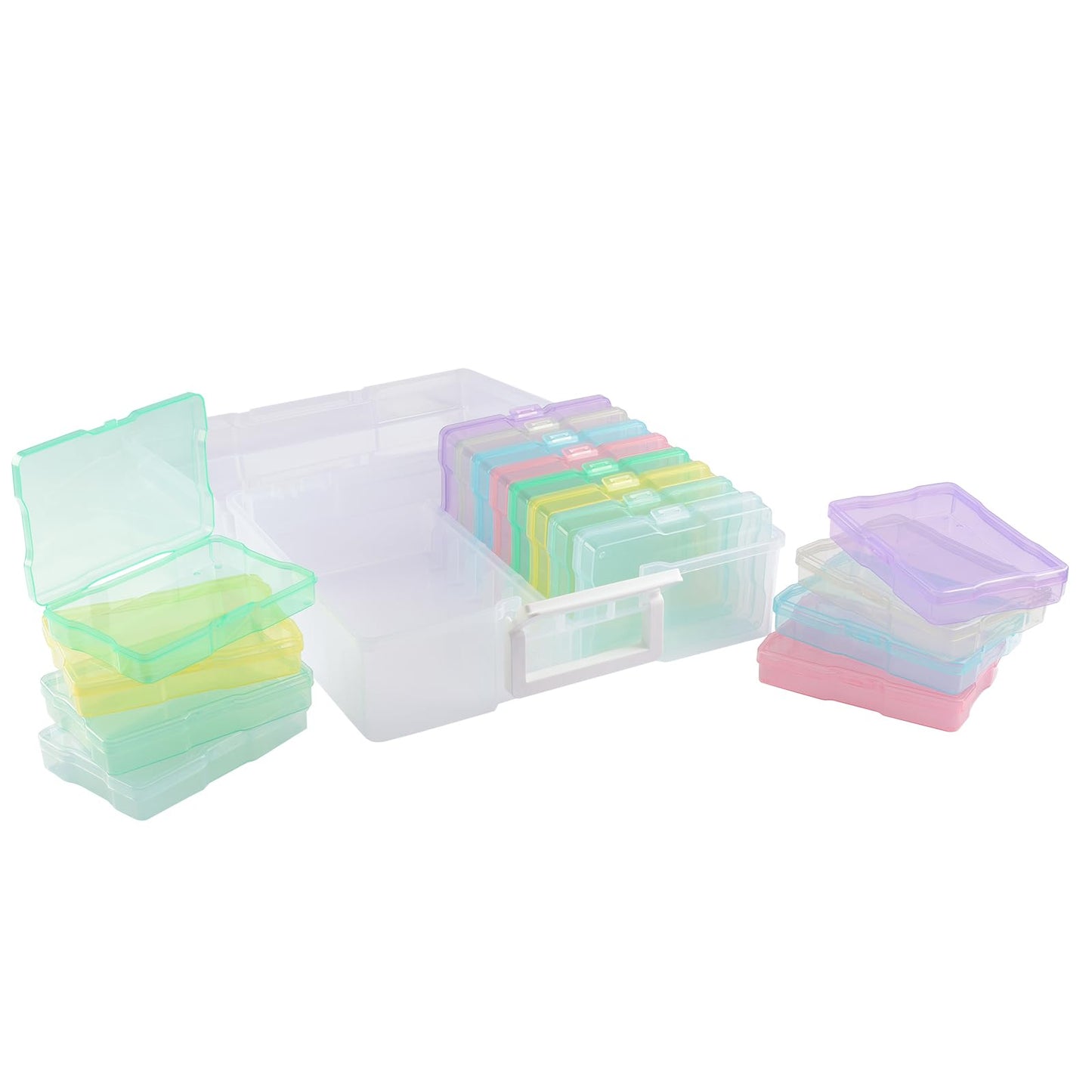 Vaessen Creative Plastic Storage Box with Lid 37,5 x 30 x 13 cm - 16 Cases of 17 x 12 x 3 cm in 8 Colours - Clear Organiser for Sewing, Diamond Art