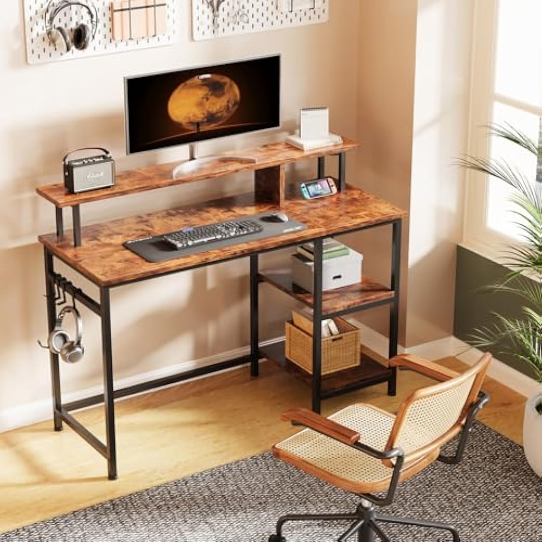Dripex Computer Desk Home Office Desk with Monitor Stand & Storage Shelves Rustic Brown Work Writing Desk Gaming Table for Small Spaces (L107.5x W48x H95cm)