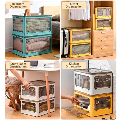 Creahaus 2Pack Storage Boxes with Lids, 28L Stackable Bins for Storage with Wheels, Folding Storage Boxes with Five Doors, Storage Containers