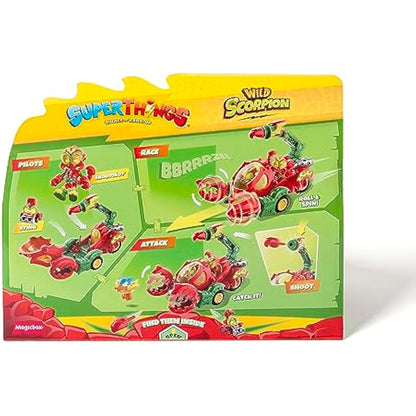 SUPERTHINGS Wild Scorpion – SuperThings Scorpion vehicle. Includes 1 exclusive Wild Kid and 1 exclusive Wild Villain SuperThing. With shooter and scorpion pincers to capture heroes