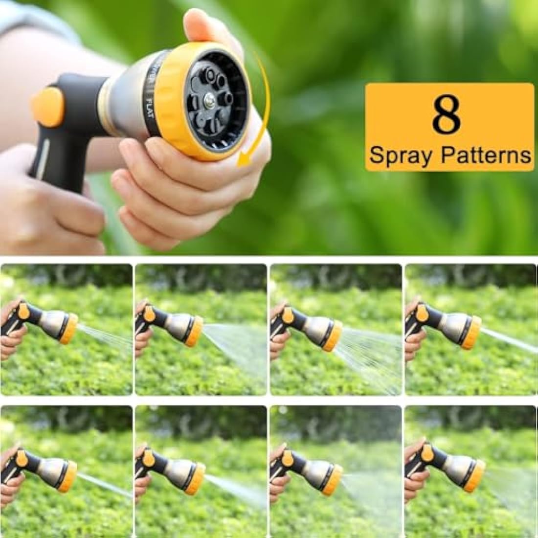 FANHAO Hose Pipe Spray Gun, 100% Heavy Duty Metal Hose Spray Gun with Thumb Control, High Pressure Hose Nozzle with 8 Adjustable Spray Patterns for Watering Plants, Washing Cars and Showering Pets