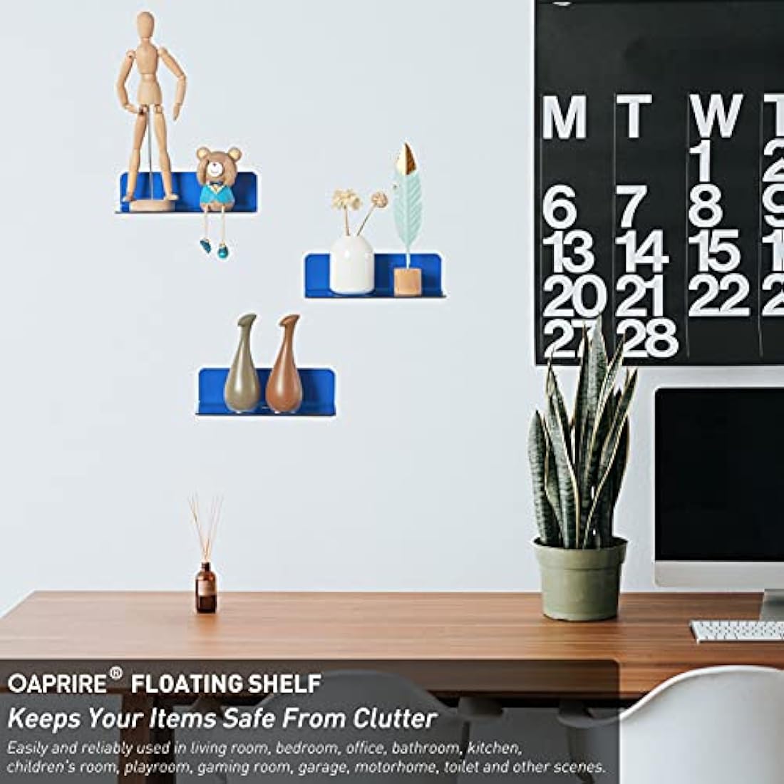 OAPRIRE Acrylic Floating Wall Shelves Set of 2, Damage-Free Expand Wall Space, Small Wall Shelf for Smart Speaker, Action Figures, Monitor with Cable Clips, Stick on, No Drill (Blue)
