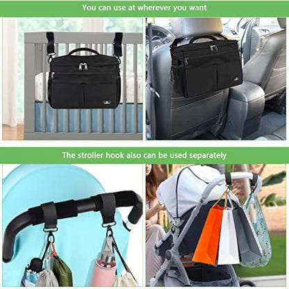 PHILORN Pram Bag, Pushchair Organiser Bag with Insulated Cup Holders, Buggy Organiser with Large Capacity for Baby Essentials Fits for Universal Strollers Like Doona, Ickle Bubba, Adjustable Strap