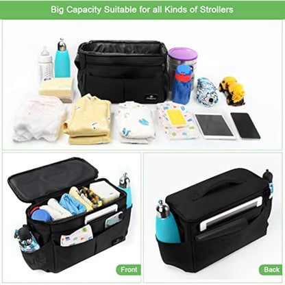 PHILORN Pram Bag, Pushchair Organiser Bag with Insulated Cup Holders, Buggy Organiser with Large Capacity for Baby Essentials Fits for Universal Strollers Like Doona, Ickle Bubba, Adjustable Strap