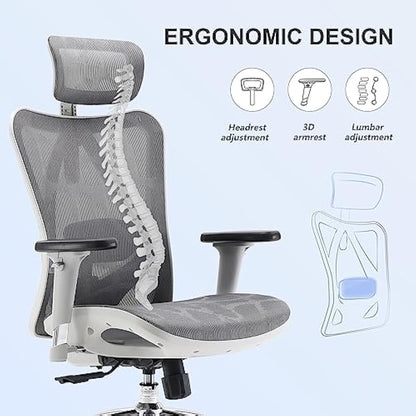SIHOO Ergonomic Office Chair Mesh Desk Chair with Adjustable Lumbar Support 3D Armrests Breathable High Back Computer Chair (Light Gray)