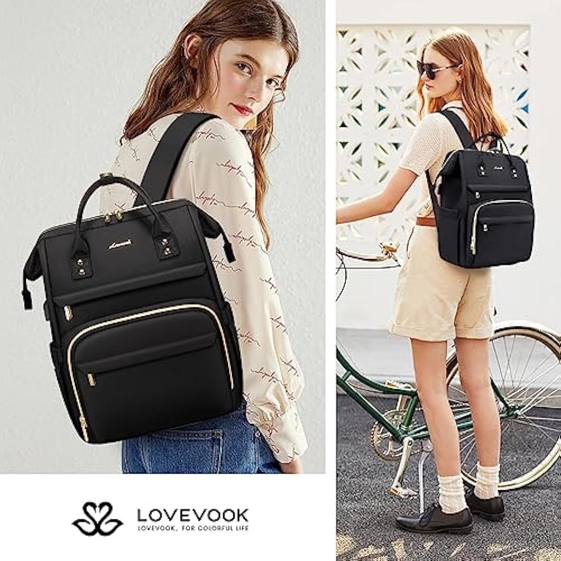 LOVEVOOK Laptop Backpack Womens, Large Travel Casual Daypack Waterproof Bag with USB Charging Port, fits 15.6 for Women Work School Business College Rucksack, Black