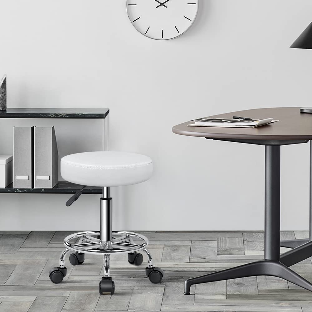 KKTONER PU Leather Round Rolling Stool with Foot Rest Swivel Height Adjustment Spa Drafting Salon Tattoo Work Office Massage Stools Task Chair (White)
