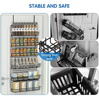 JKsmart 6-Tier Spice Rack Organizer with Door Hook, Wall Mounted & Over the Door Spice Racks for Kitchen Pantry Door Cabinet, Two Size, Large Capacity, Black