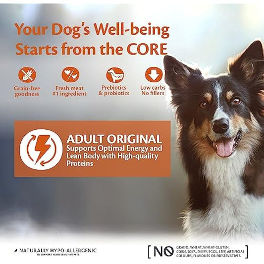 Wellness CORE Adult Original, 10kg, Chicken & Turkey, Dry Dog Food for Medium Breed Dogs, All-Natural, Grain-Free, High Meat Content, Protein-Rich, No Added Sugar