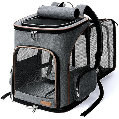 Lekesky Expandable Cat Carrier Backpack - Portable Breathable Rucksack for Medium and Small Cats & Dogs, Foldable with Inner Escape-proof Leash and Pet Mat, Supports 25 lbs (Grey)