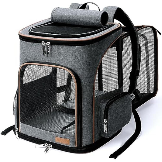 Lekesky Expandable Cat Carrier Backpack - Portable Breathable Rucksack for Medium and Small Cats & Dogs, Foldable with Inner Escape-proof Leash and Pet Mat, Supports 25 lbs (Grey)