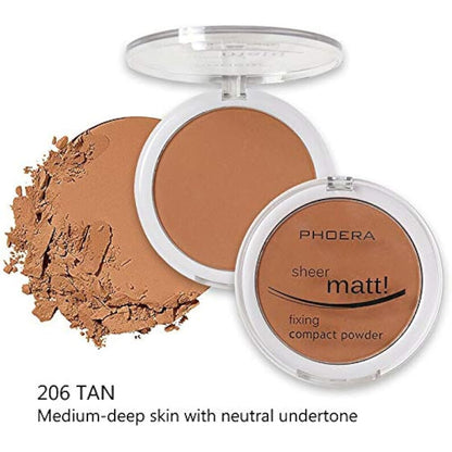 AQUAPURITY PHOERA Sheer Matte Compact Powder - Fixing Makeup Base Fixer Setting Powder Foundation Fix - Long Lasting Make Up Fixer - Skin Vitamin E Beauty Blender (206 TAN)