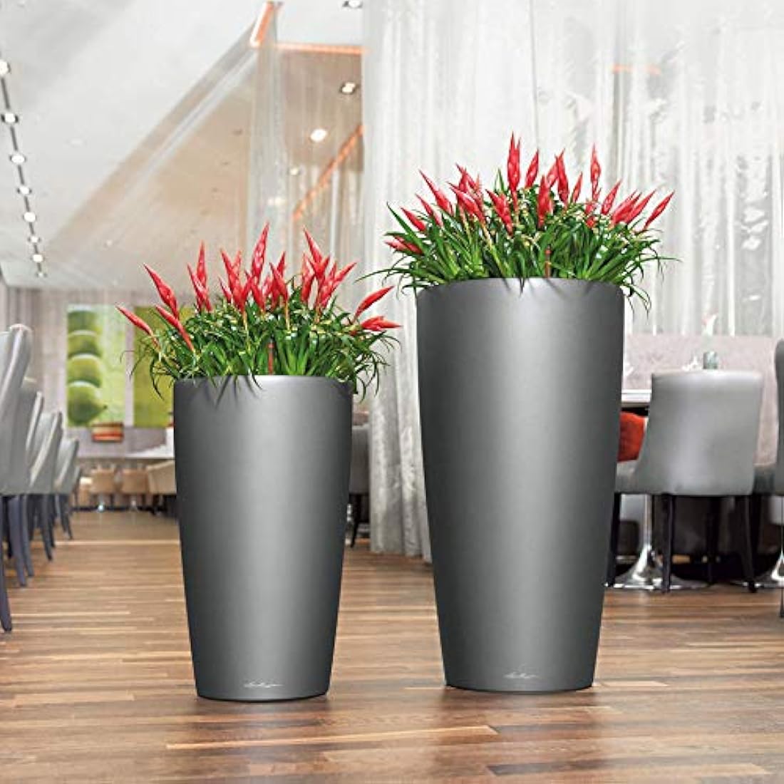 Lechuza RONDO 32 Self Watering Planter Large Plastic Indoor and Outdoor Plant Pot with Drainage Hole D32 H56 cm Charcoal Metallic