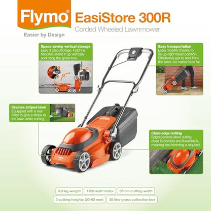 Flymo EasiStore 300R Electric Rotary Lawn Mower - 30 cm Cutting Width, 30 Litre Grass Box, Close Edge Cutting, Rear Roller, Manual Height Adjust, Space Saving Storage Features, Lightweight