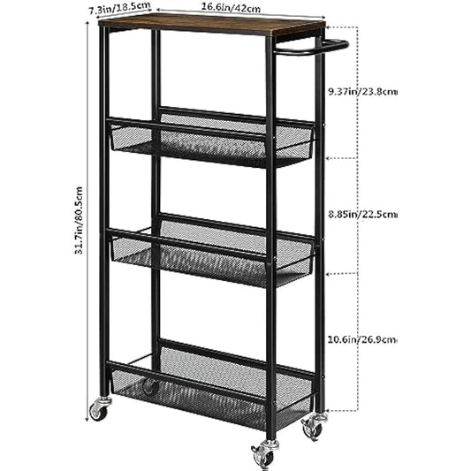 LIANTRAL Slim Storage Cart, Kitchen Storage Trolley, 4 Tier Rolling Kitchen Shelving Unit on Wheels Mobile Narrow Cart with Wooden Tabletop for Bathroom, Laundry Narrow Places, 42 x 18.5 x 80.5 cm