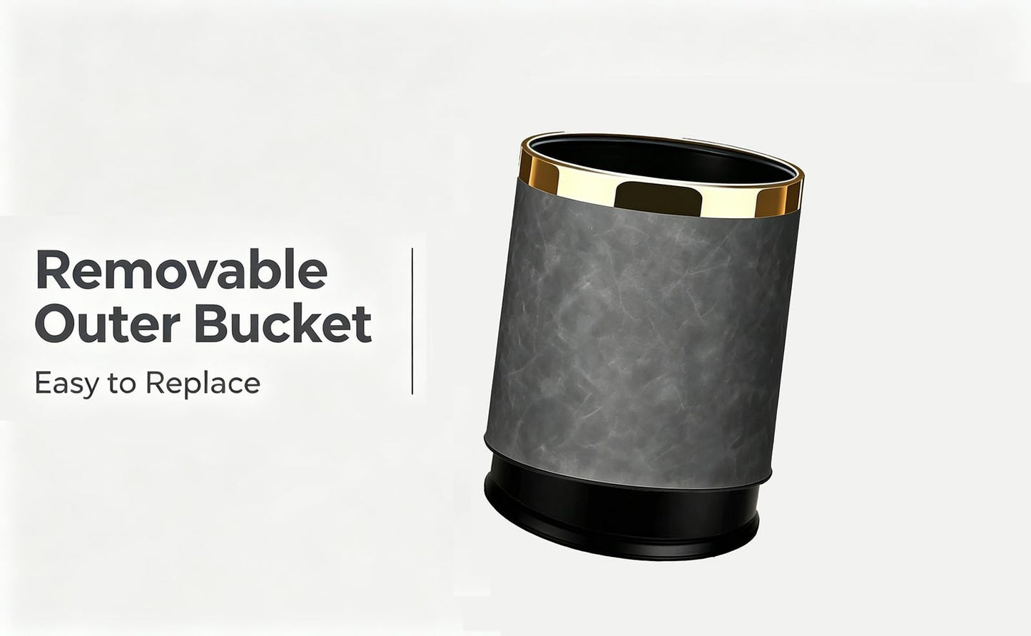 SXYLOB Luxury Metal Waste Bin 10L, Double Layer Trash Can PU Leather Covered Round Wastebasket Dust Bins for Kitchen Bathroom Hotel Office (Grey Hui)