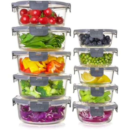 Igluu Meal Prep Glass Containers with Airtight Lids 10 Pack Round 2 Sizes 950ml and 400ml BPA-Free Meal Prep Containers Reusable – Borosilicate Glass, Oven Safe