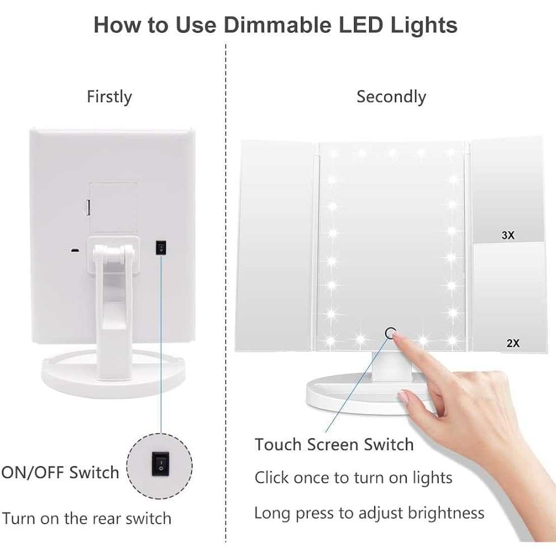 WEILY Tri-fold Vanity Mirror, 21 LEDs and 2X/3X Magnification, Touch Switch for Adjusting Brightness, Dual Power Supply mode Makeup Mirror (White)