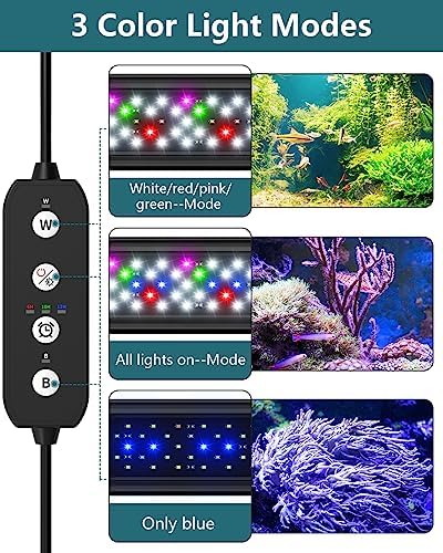 SEAOURA Led Aquarium Light for Plants-Full Spectrum Fish Tank Light with Timer Auto On/Off, Adjustable Brightness, White Blue Red Green Pink LEDs with Extendable Brackets for Freshwater (118-137cm)