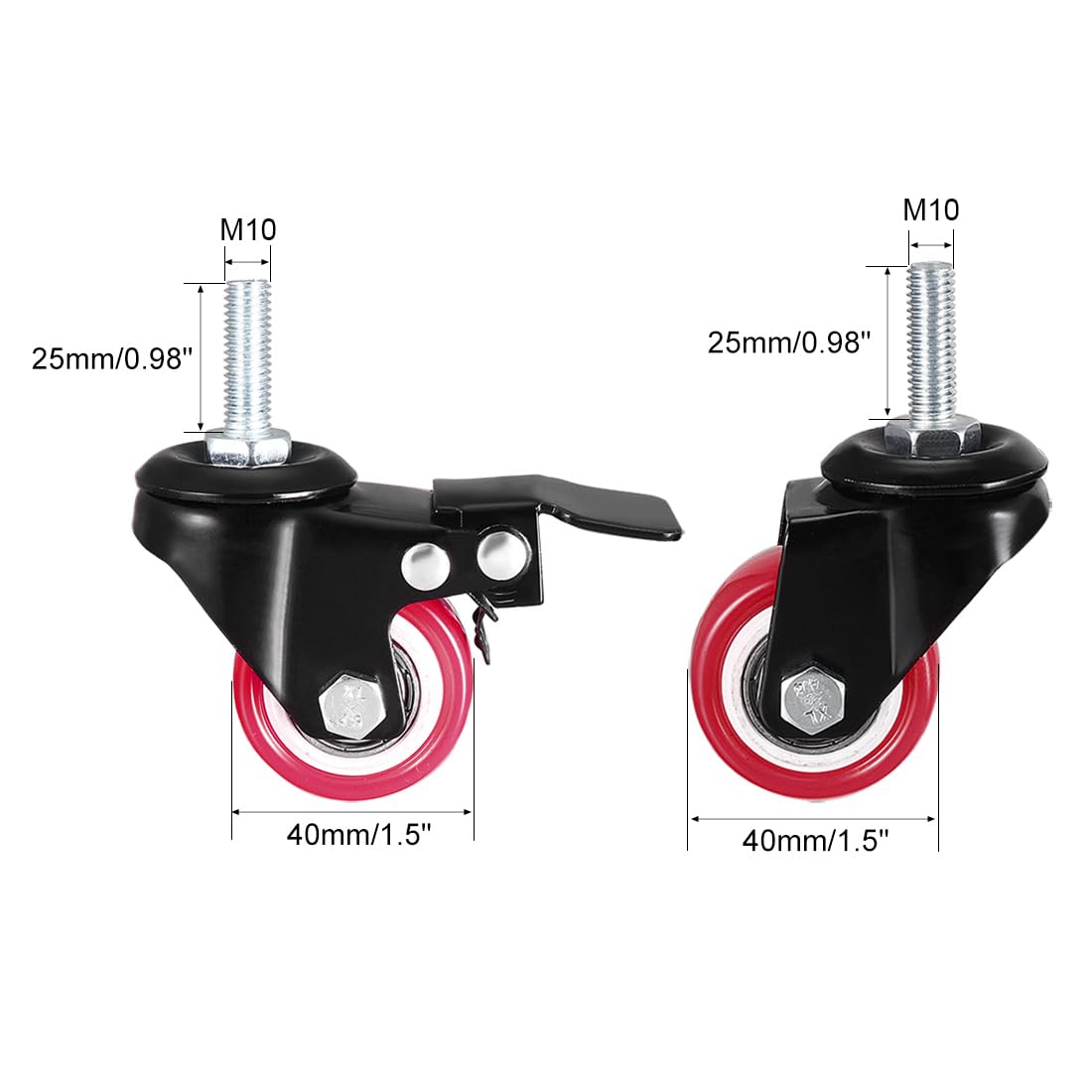 sourcing map 1.5 Inch Swivel Caster Wheels PU 360 Degree Threaded Stem Caster Wheel M10 x 25mm, 330lb Total Load Capacity, Pack of 4