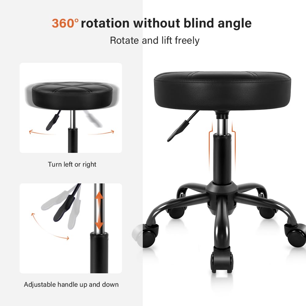 KKTONER Rolling Stool Chair PU Leather Height Adjustable Round Stool with Wheels Chair for Salon Spa Drafting Small (Black)