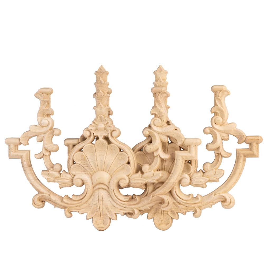 2 Pack Decorative Wood Carved Appliques Onlays, 24 x 20cm Unpainted Solid Wood Carving Decal for Furniture Cabinet Door Center Bed Mirror Dressers