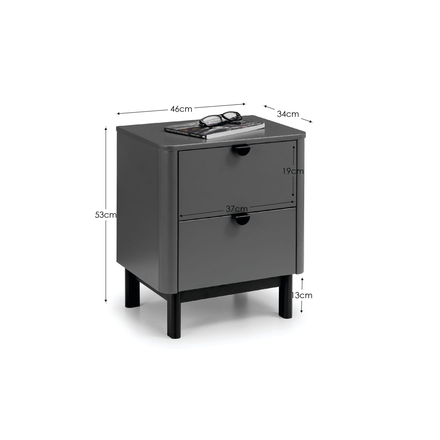 Julian Bowen Chloe Bedside Table, 2 Drawer, Grey - H53 x W46 x D34cm