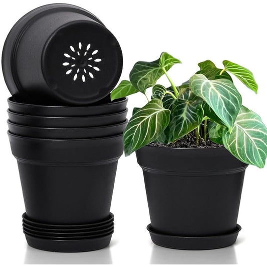 T4U Plastic Plant Pots 6-Pack, Flower Pot with Drainage Hole and Saucer, Classic Indoor Outdoor Plant Pots for Succulent, Snake Plant, Aloe Vera and All House Plants (16CM Opening Diameter, Black)