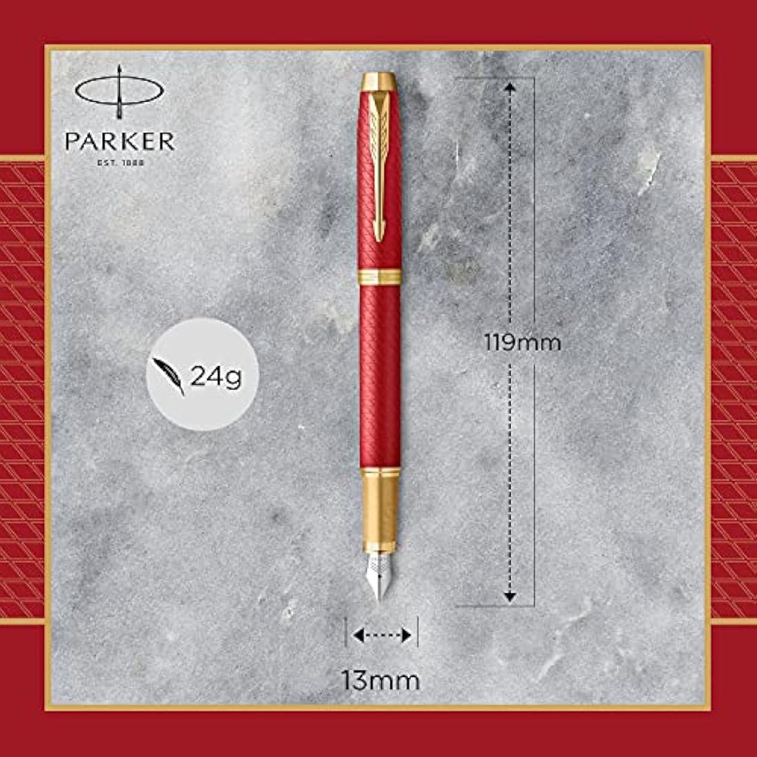 Parker IM Fountain Pen | Premium Red Lacquer with Gold Trim | Fine Point with Blue Ink Cartridge | Gift Box