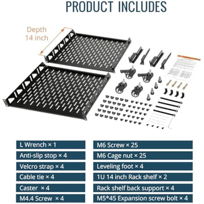 Tecmojo 12U Open Frame Network Rack, 19" Compatible, Floor Standing and Wall Mountable, with 2x 1U Server Shelf & Mounting Hardware, AV & IT Equipment Rack for for Office/Home