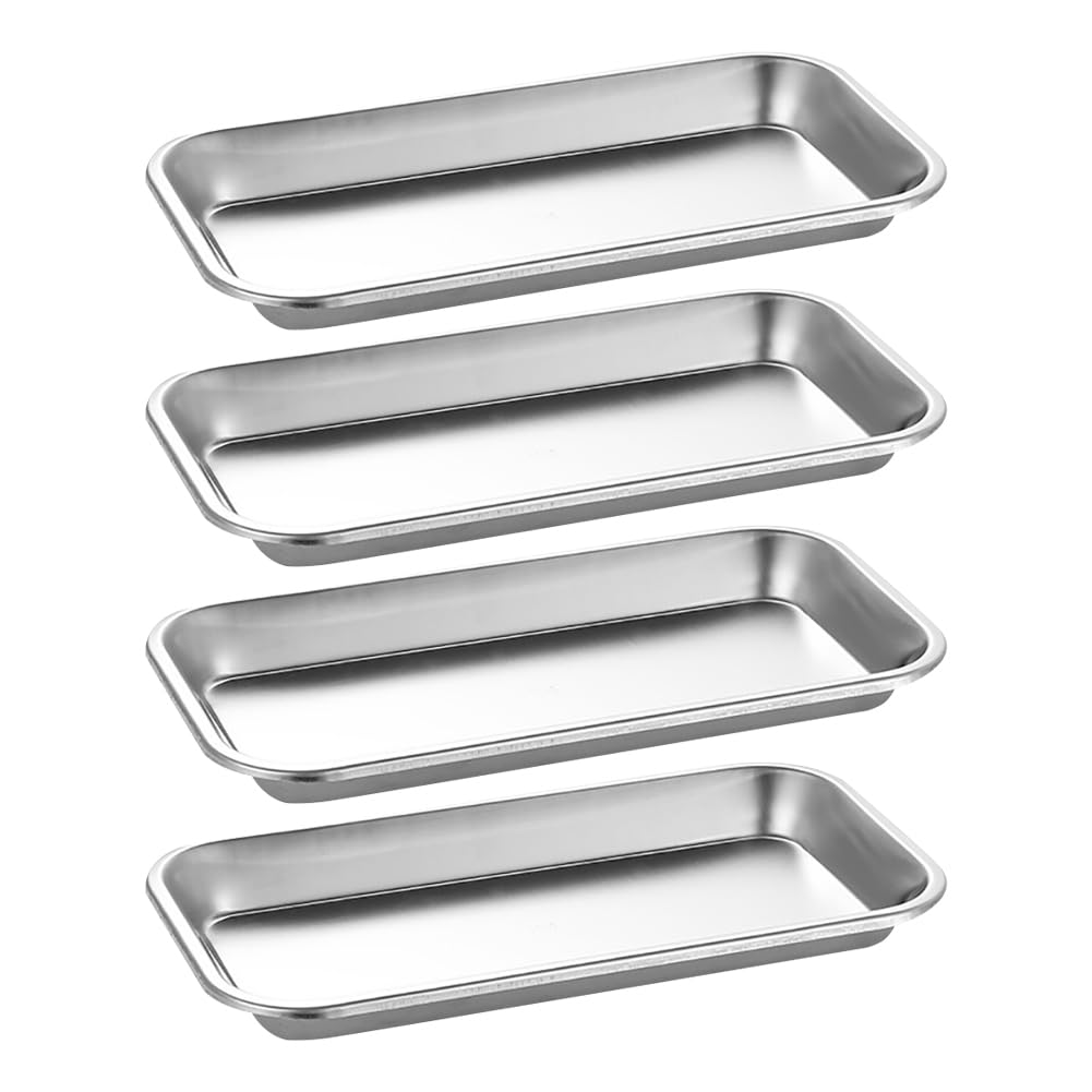 HugeDE 4 Pcs Rectangular Stainless Steel Trays Small Instrument Trays Metal Tattoo Trays Bathroom Vanity Organizer Holder Plates for Nail Salon