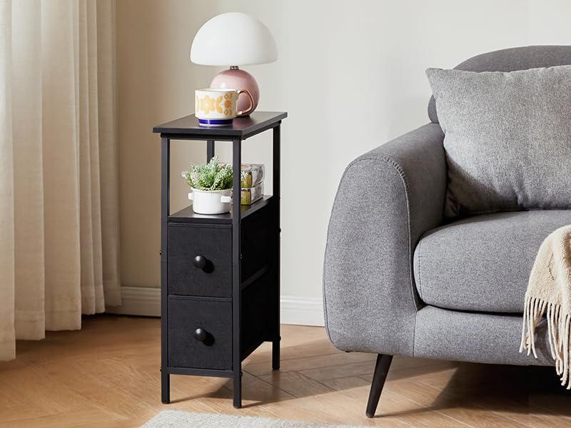 YMYNY Narrow Side Table, Slim Bedside Table with 2 Fabric Drawers, Nightstand for Small Spaces