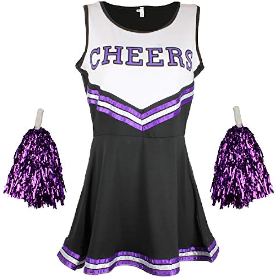 Cheerleader Fancy Dress Outfit Uniform High School Costume With Pom Poms Black And Purple Cheerleader, Small