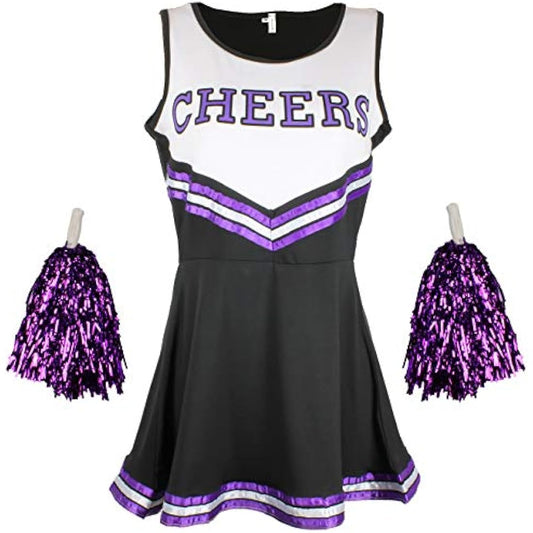 Cheerleader Fancy Dress Outfit Uniform High School Costume With Pom Poms Black And Purple Cheerleader, Small